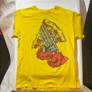 Yellow Graphic T-Shirt with Skeleton and Pizza Design (Minor Holes & Stains)
